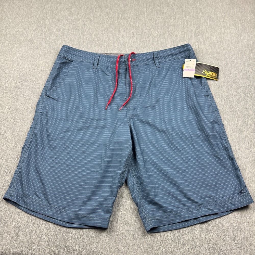 O'neill Hybrid Shorts Mens 38 Blue Striped Chino‎ Lightweight Swim Board Trunks